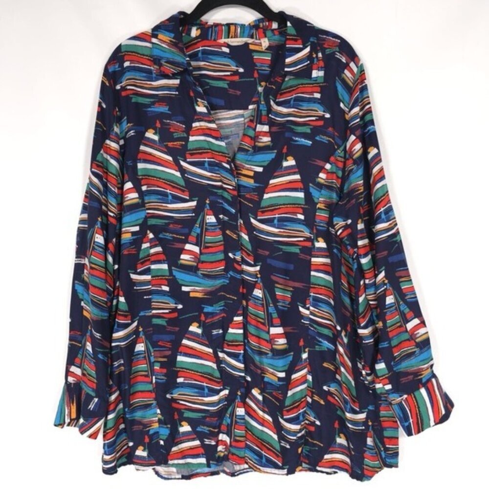 Soft Surroundings Size PL Button Sail Away Boat Nautical Tunic Top Shirt 3CC36